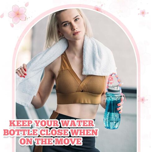 مقبض زهرة مكرامية متوافق مع ملحقات كأس ستانلي مع غطاء غطاء من القش الوردي مصنوع يدويًا من بوهو حامل حزام زجاجة مياه لطيف من القش يناسب معظم زجاجات المياه من 8 إلى 40 أونصة in Kuwait