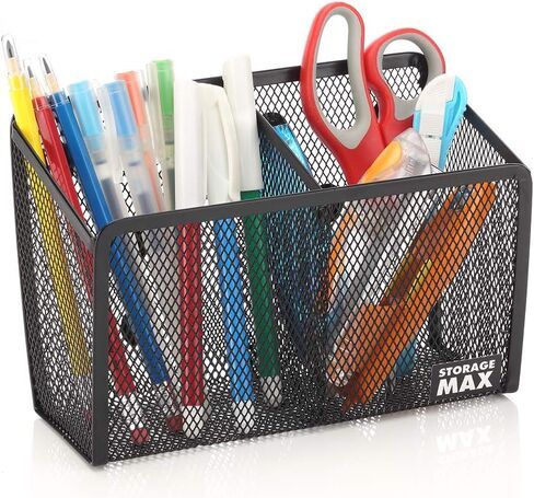 Magnetic Pencil Holder and Locker Organizer, Wire Mesh Storage Basket for Refrigerator, Whiteboard or Office Cabinet. Extra Strong Magnets. Office Accessories (Black, 2 Compartment) in Kuwait