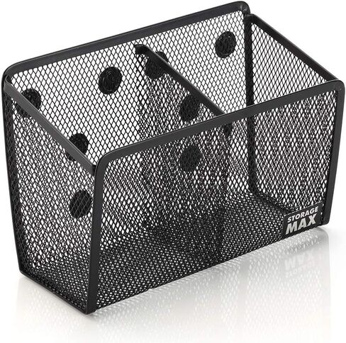 Magnetic Pencil Holder and Locker Organizer, Wire Mesh Storage Basket for Refrigerator, Whiteboard or Office Cabinet. Extra Strong Magnets. Office Accessories (Black, 2 Compartment) in Kuwait