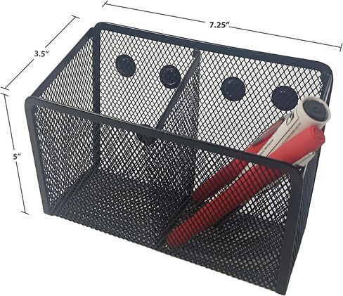 Magnetic Pencil Holder and Locker Organizer, Wire Mesh Storage Basket for Refrigerator, Whiteboard or Office Cabinet. Extra Strong Magnets. Office Accessories (Black, 2 Compartment) in Kuwait