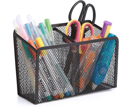 Magnetic Pencil Holder and Locker Organizer, Wire Mesh Storage Basket for Refrigerator, Whiteboard or Office Cabinet. Extra Strong Magnets. Office Accessories (Black, 2 Compartment) in Kuwait