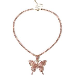 The Woo's Rhinestone Butterfly Necklace Tennis Chain Hip Hop Bling Animal Butterfly Iced Out Crystal Collar Butterfly Pendant Necklace for Women Girl Rock Jewelry