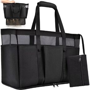 TEUEN Large Beach Bag with Zipper, 12 Pockets Waterproof Sandproof Pool Bag Womens Mesh Beach Tote Bag for Travel Vacation