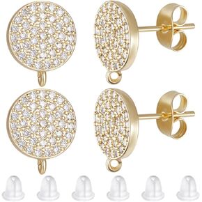 Beebeecraft 1 Box 4 Pairs Flat Round Stud Earring Findings Cubic Zirconia Brass Golden Ear Studs with Hang Loop and Ear Nuts for DIY Earring Jewelry Making