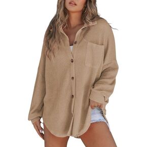 SHEWIN Womens Waffle Knit Button Down Shirts Casual Long Sleeve Shacket Jacket Boyfriend Tops Blouses Loose Fit in Saudi Arabia