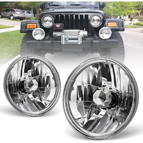 AUTOWIKI 7" Round Conversion Head Lights Fornt Lamps for Multi-vehicle Models, Pickups and motorcycles 1 Pair Clear Lens 7 Inch Headlights with H4 12V 60/55W Bulbs