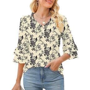TFSDOD Womens V Neck 3/4 Bell Sleeve Tops Frill Neck Tiered Ruffle Sleeve Shirts Casual Spring Summer Loose Tunic Blouses