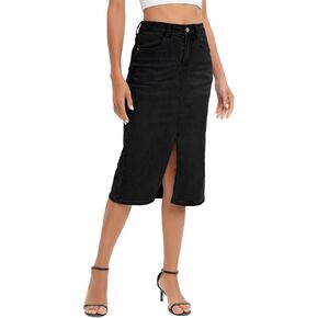 ETTELO Midi Denim Skirt High Waisted Slit Casual Stretch Knee Length Jean Skirt for Women