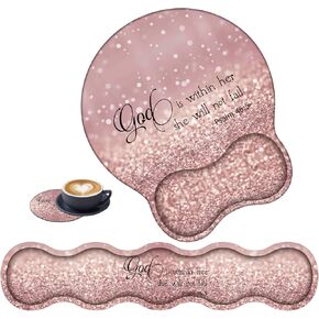 Mouse Pad with Wrist Rest and Keyboard Wrist Rest Pad + Coaster Set, Ergonomic Memory Foam Mouse Pad, Non-Slip, Easy Typing and Pain Relief, Pink Glitter Quotes Psalm 46:5