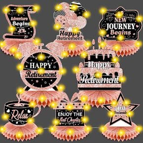 8Pcs Retirement Party Decorations Black Gold Happy Retirement Table Honeycomb Centerpieces with LED Lights Table Topper Decor for Men Women Office Coworker Farewell Going Away Party Supplies