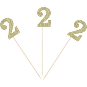 Second Birthday Centerpiece Sticks Gold Glitter Number 2 Party Table Toppers Flower Picks Anniversary Party Supplies - Pack of 10