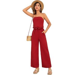 OYOANGLE Women's 2 Piece Outfits Summer Casual Fringe Trim Bandeau Tube Top and Wide Leg Pants Set