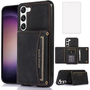 تصميم NKECXKJ لهاتف Samsung Galaxy S23 FE مع واقي شاشة من الزجاج المقسى وحامل بطاقات الائتمان من جلد البولي يوريثان وحافظات هاتف بمسند وغطاء واقٍ مقاوم للصدمات للرجال 6.4 بوصة أسود