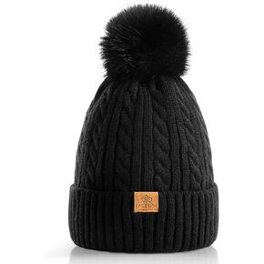 PAGE ONE Womens Winter Ribbed Beanie Crossed Cap Chunky Cable Knit Pompom Soft Warm Hat
