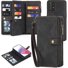 Compatible with Samsung Galaxy A53 5G Wallet Case Lanyard Wrist Strap Card Holder and Leather Multi-Function 2in 1 Detachable Magnetic Phone Cover for A 53 G5 53A SM A536U 6.5" 2022 Women Men Black