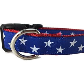 American Dog Collar, Caninedesign, Stars, Red, Blue, 1 inch Wide, Adjustable, Plastic Buckle, Quick Release, Medium and Large (Red Stars, Medium 13-19")