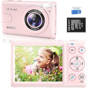 Pink Kids 4K Digital Camera: Compact Camera for Photography and Video, 64MP Autofocus Camera with 18X Digital Zoom 32GB TF Card, Vintage Camera for Boys and Girls Students Gift ()