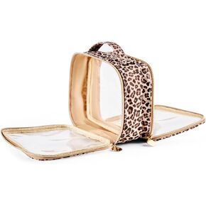 Clear Leopard Travel Makeup Bag Transparent Cosmetic Pouch Portable Toiletry Bags Two Compartments Cosmetic Bag with Handle Nylon and PVC Make up Organizer Cheetah