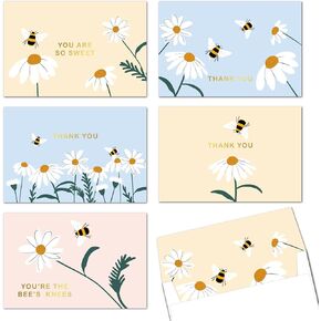 4x6 Bee & Dasiy Gold Foil Thank You Cards (Bulk 20-Pack) Matching Peel-and-Seal Envelopes | Assorted Set, Watercolor, Birthday Party, Baby Shower, Weddings, Greeting, Blank Notes