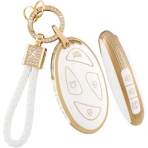 PIFOOG Key Fob Cover for Hyundai 2024 Ioniq 6 Kona Santa Fe Sonata 7 Button Car Smart Keys Shell Case Bling Keychain Full Protector Covers Accessories Women Girly Cute Gold White TPU
