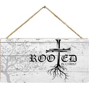 Christ Quote Wood Plaque Printed Hanging Sign - Rooted In Christ, Rustic Farmhouse Farmhouse Hanging Wall Plaque Bible Verse Religious Sign for Home Farmhouse Housewarming Decor Gift