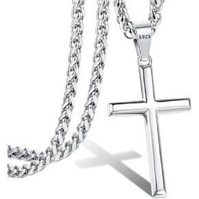 LOLIAS 925 Sterling Silver Cross Necklace for Men Women 3mm Stainless Steel Wheat Cross Chain Crucifix Pendant Silver Cross Chain Necklace Jewelry 16-30 Inches