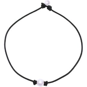 Single Cultured Freshwater Pearl Leather Choker Necklace on Genuine Black Leather Cord for Women Gift Handmade