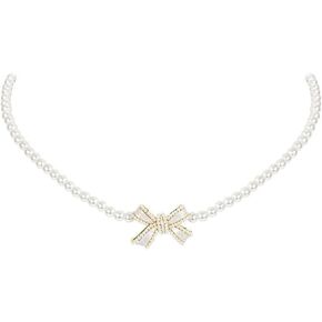Bow Choker Necklaces For Women Faux Pearl Chain Cute Dainty Aesthetic Trendy Adjustable Bow Choker Necklaces For Women Daughter Sisters Bride