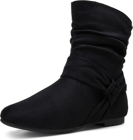 Women's Slouch Ankle Boots, Flat Low Heel Side Zip Booties 939A | Comfortable dressy style, ruched shaft and wraparound bow for daily wear in Saudi Arabia