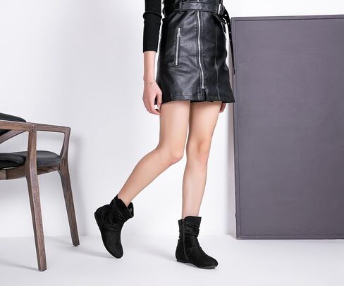 Women's Slouch Ankle Boots, Flat Low Heel Side Zip Booties 939A | Comfortable dressy style, ruched shaft and wraparound bow for daily wear in Saudi Arabia
