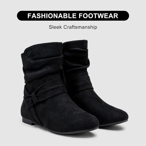 Women's Slouch Ankle Boots, Flat Low Heel Side Zip Booties 939A | Comfortable dressy style, ruched shaft and wraparound bow for daily wear in Saudi Arabia