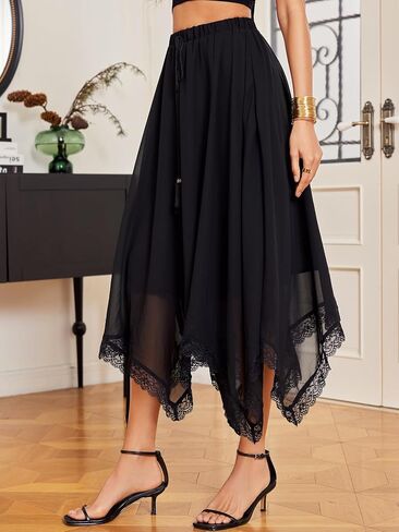 تنورة طويلة واسعة غير متماثلة للنساء من Verdusa بخصر مطاطي وحواف من الدانتيل in Kuwait