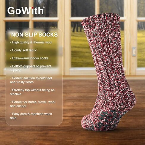 GoWith 1 Pair Unisex Merino Wool Slipper Socks, Thick Warm No Slip Cozy Grip Non-Skid Hospital Winter Socks for Men & Women in Kuwait