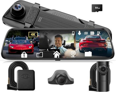 Mirror Dash Cam, 12'' Rear View Mirror Camera, 4K Front and Rear Inside 3 Channel Rearview Mirror with 64GB Card, Reverse Assistance, Smart Full Touch Screen, Wi-Fi and GPS in Saudi Arabia