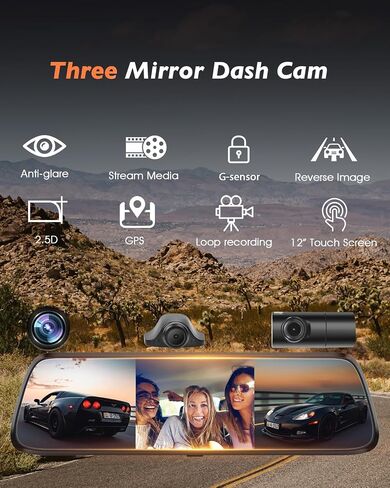 Mirror Dash Cam, 12'' Rear View Mirror Camera, 4K Front and Rear Inside 3 Channel Rearview Mirror with 64GB Card, Reverse Assistance, Smart Full Touch Screen, Wi-Fi and GPS in Saudi Arabia