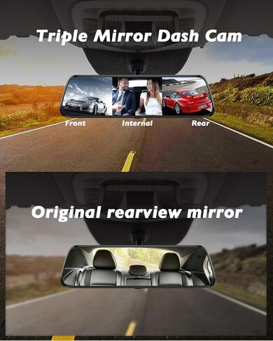 Mirror Dash Cam, 12'' Rear View Mirror Camera, 4K Front and Rear Inside 3 Channel Rearview Mirror with 64GB Card, Reverse Assistance, Smart Full Touch Screen, Wi-Fi and GPS in Saudi Arabia
