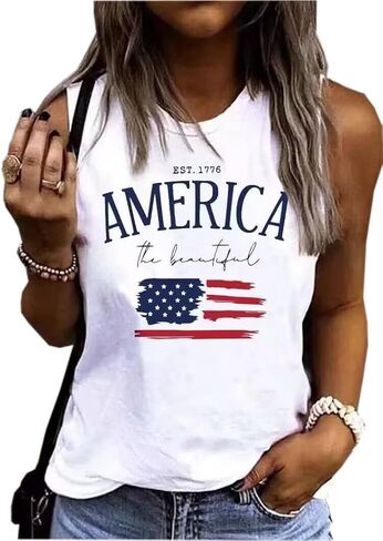 AIMITAG العلم الأمريكي تانك القمم النسائية 1776 يوم الاستقلال الأمريكي تانك تي شيرت نجوم المشارب USA الوطنية بلا أكمام المحملة in Kuwait