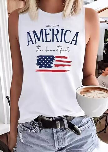 AIMITAG العلم الأمريكي تانك القمم النسائية 1776 يوم الاستقلال الأمريكي تانك تي شيرت نجوم المشارب USA الوطنية بلا أكمام المحملة in Kuwait