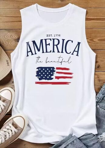 AIMITAG العلم الأمريكي تانك القمم النسائية 1776 يوم الاستقلال الأمريكي تانك تي شيرت نجوم المشارب USA الوطنية بلا أكمام المحملة in Kuwait