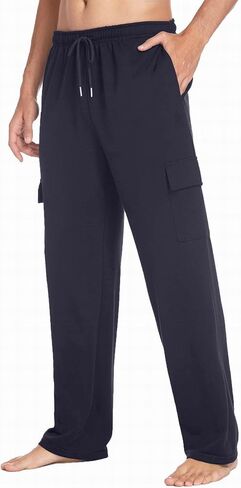 Deyeek Mens Cargo Sweatpants Open Bottom Straight Leg Cargo Sweat Pants for Mens Baggy Lounge Jogger Sweatpants with Pockets in Kuwait