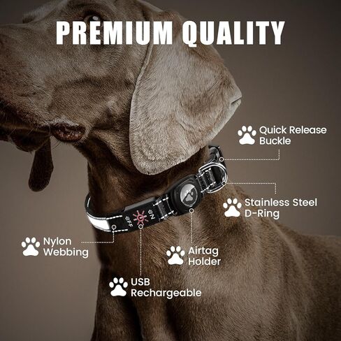 Airtag Dog Collar with Reflective Dog Collar and Light Up Dog Collar for Night Walking and Dog Camping-Dog Light Up Collar with Rechargeable Waterproof Light Can Glow in The Dark Collars(Black,S) in Kuwait