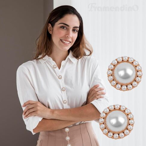 Framendino, 16 Pack Gold Diamond-Encrusted Pearl Buttons Rhinestone Faux Pearl Buttons Metal Button for Coat Knitting Sweaters Sewing Crafting in Saudi Arabia