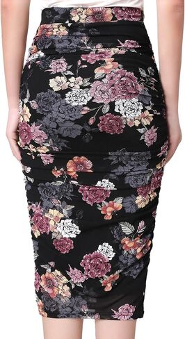 VFSHOW Womens Black Multi Floral Print Ruched Ruffle Shirred High Waist Asymmetric Wrap Casual Party Bodycon Pencil Skirt 9901 BLK XL in Saudi Arabia