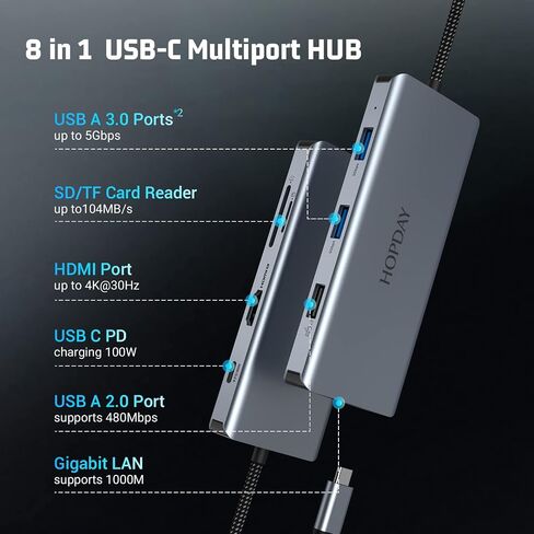 موزع USB C، محول USB C 8 منافذ مع شاشة مزدوجة 4K HDMI، محطة إرساء USB C (منفذ RJ45 LAN، USB 3.0، PD 100W، قارئ SD/TF) لأجهزة الكمبيوتر المحمول والكمبيوتر اللوحي، وأجهزة أخرى من النوع C in Saudi Arabia