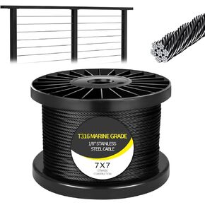 THYSSEN 500FT T316 1/8 "كابل أسود من الفولاذ المقاوم للصدأ 7 × 7 خيوط بناء مقاوم للاهتراء، مضاد للأكسدة مناسب للدرابزين، سطح السفينة، أجهزة درابزين الكابلات، كابل سلك حبل الطائرة للتعليق in Kuwait