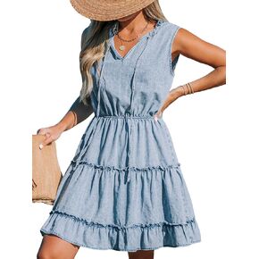 CUPSHE Women's Split V Neck Ruffled Sleeveless Denim Skirt Summer Mini Dress