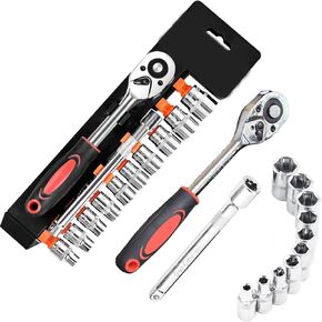 1/4" Ratchet Socket Wrench Set,12 Pieces Drive Sockets Set with Quick Released Reversible Ratchet Handles and Extension Bar