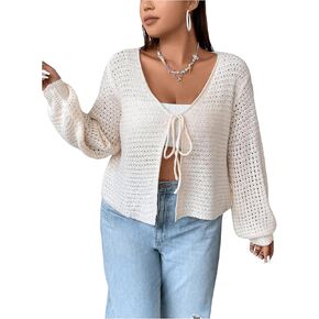GORGLITTER Women's Plus Size Tie Front Cardigan Hollow Out Open Knit Sweater