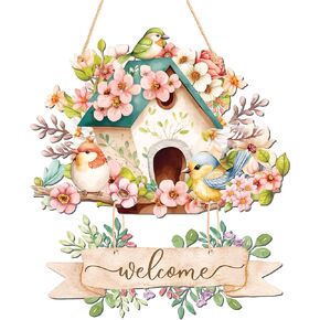 INKNOTE Decorative spring door hangers Spring welcome hanging sign Spring front door decor Blooming flowers birdhouse wall sign plaque for Farmhouse Porch Front Door Decoration (Ironwork)