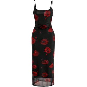 Milumia Women's Floral Sheer Mesh Long Cami Dress Sleeveless Spaghetti Strap Slit Bodycon Dresses